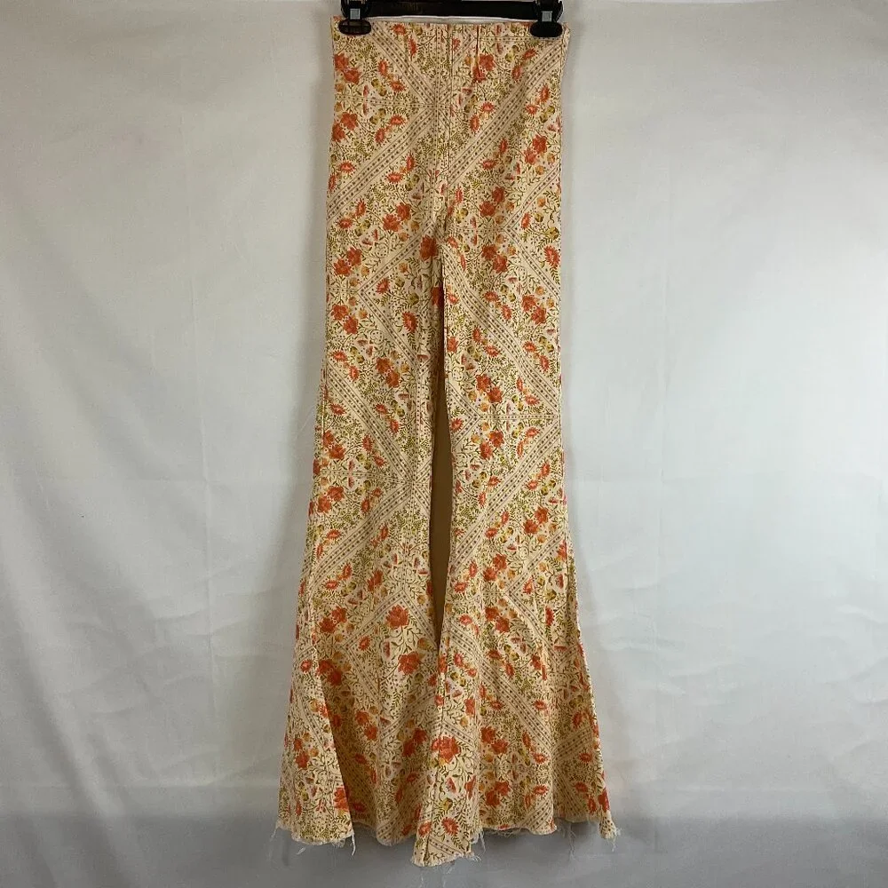 Show Me Your Mumu Pants XS Peach Green Coral Floral Elastic Waist Pull-On Denim - Picture 1 of 12